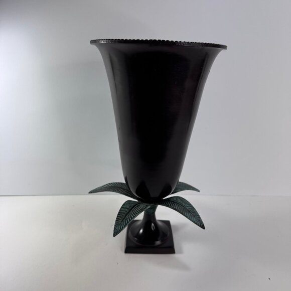 Tall Dark Finish Brass Fluted Vase w/ Brass Green Leaves 12.5" tall - Picture 4 of 10